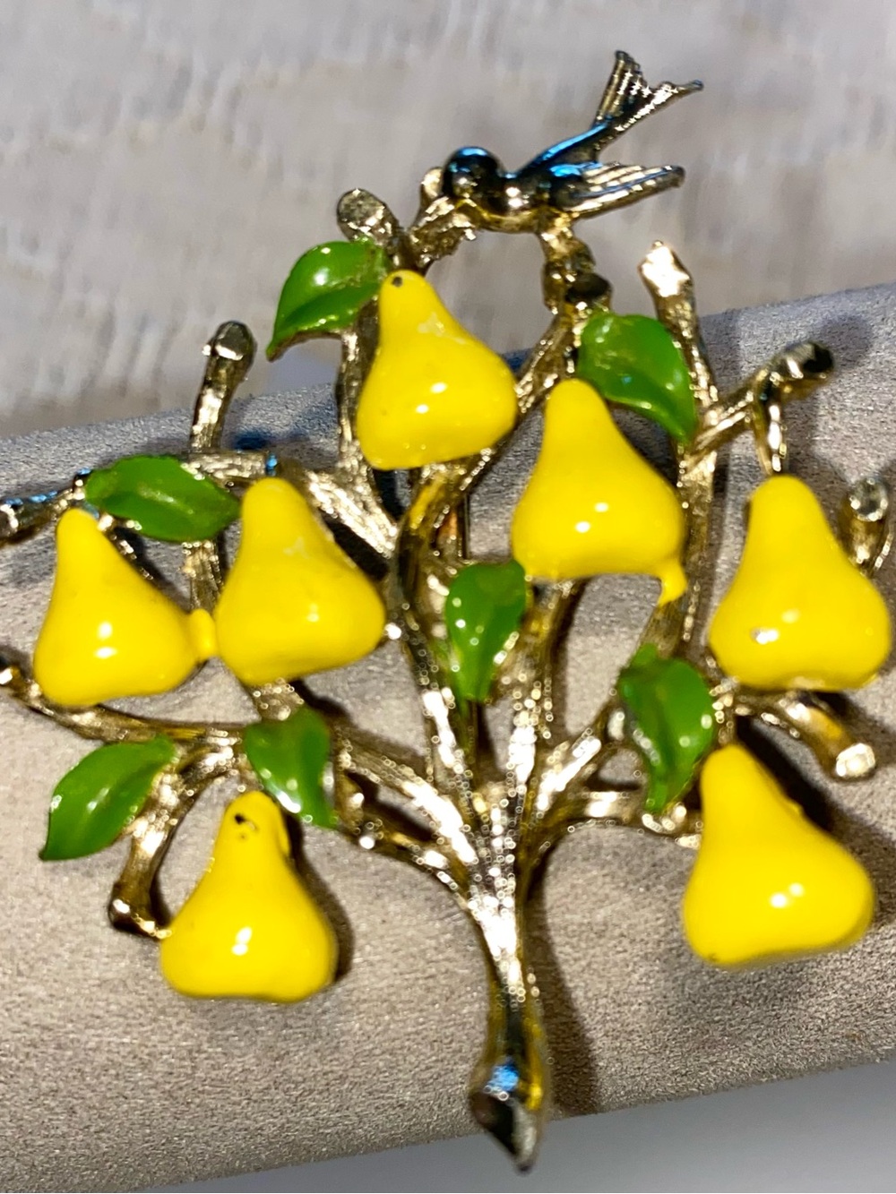 Gold-Tone Pear Tree Brooch with Yellow Enamel Pears by